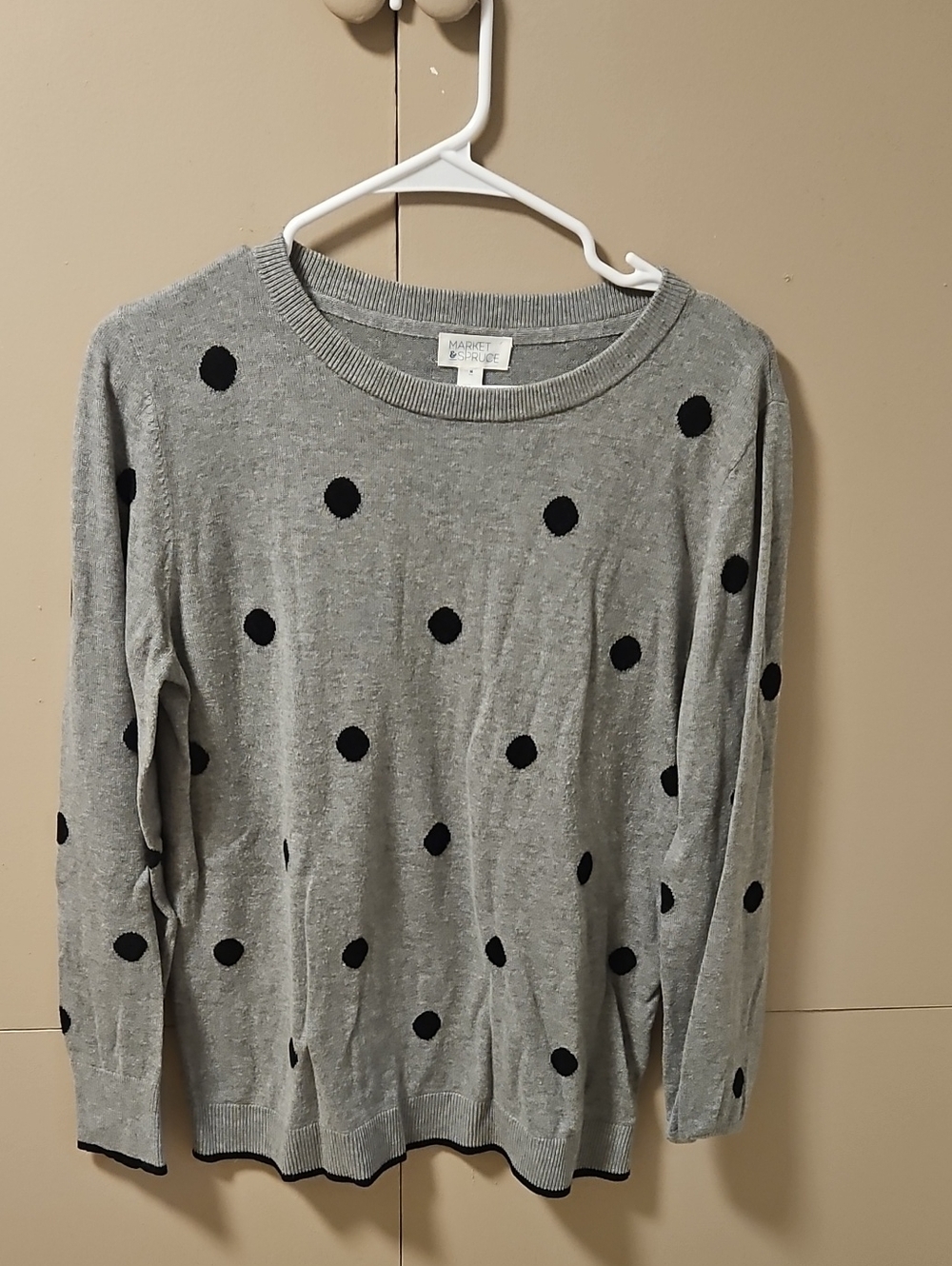 Market & Spruce Gray Crewneck Sweater with Black Polka Dots